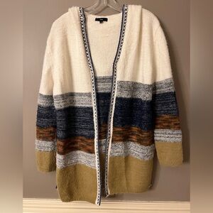 Fate Cream and Tan Striped Hooded Cardigan